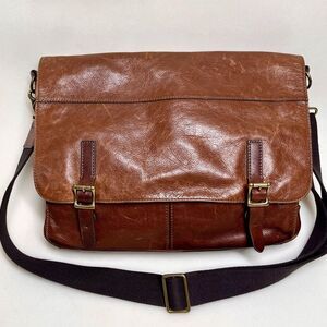 Fossil Leather Laptop Messenger Bag Brown Crossbody Shoulder Work Satchel Preppy